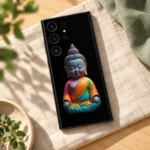 Rainbow Buddha Mobile Skin on cream linen in a calm overhead flat lay