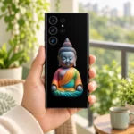 Lord Buddha Rainbow Meditation Mobile Skin held in hand beside a sunny green balcony
