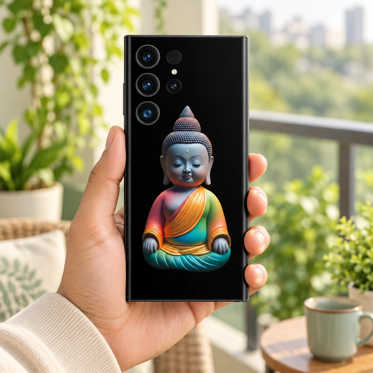 Lord Buddha Rainbow Mobile Skin - handheld Lord Buddha Rainbow Meditation Mobile Skin held in hand beside a sunny green balcony