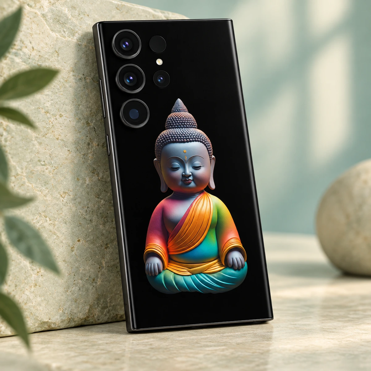Lord Buddha Rainbow Mobile Skin - artwork detail Close view of colourful seated Buddha artwork on black mobile skin against pale sage stone