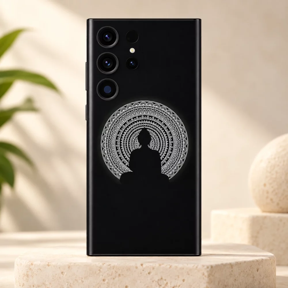 Lord Buddha white mandala mobile skin with meditating silhouette on black on an ivory pedestal