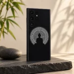 Lord Buddha white mandala mobile skin on charcoal slate with bamboo shadows