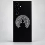 Close view of the white mandala and seated Buddha silhouette mobile skin