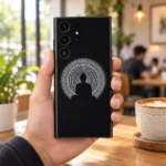 Lord Buddha white mandala mobile skin held in a bright cafe