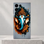 Lord Ganpati mobile skin with teal elephant portrait, orange crown and splatter artwork, clean stone hero