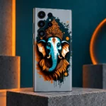 Lord Ganpati mobile skin with teal elephant portrait, orange crown and splatter artwork, teal studio angle