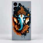 Lord Ganpati mobile skin with teal elephant portrait, orange crown and splatter artwork, portrait detail