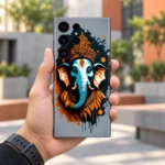 Lord Ganpati mobile skin with teal elephant portrait, orange crown and splatter artwork, courtyard in-hand