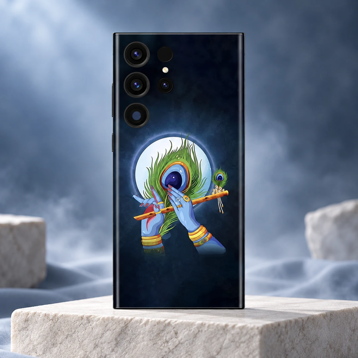 Lord Krishna Peacock Flute Mobile Skin - Ivory moonlight hero Lord Krishna mobile skin with blue hands, flute and peacock feather under a full moon - ivory moonlight hero