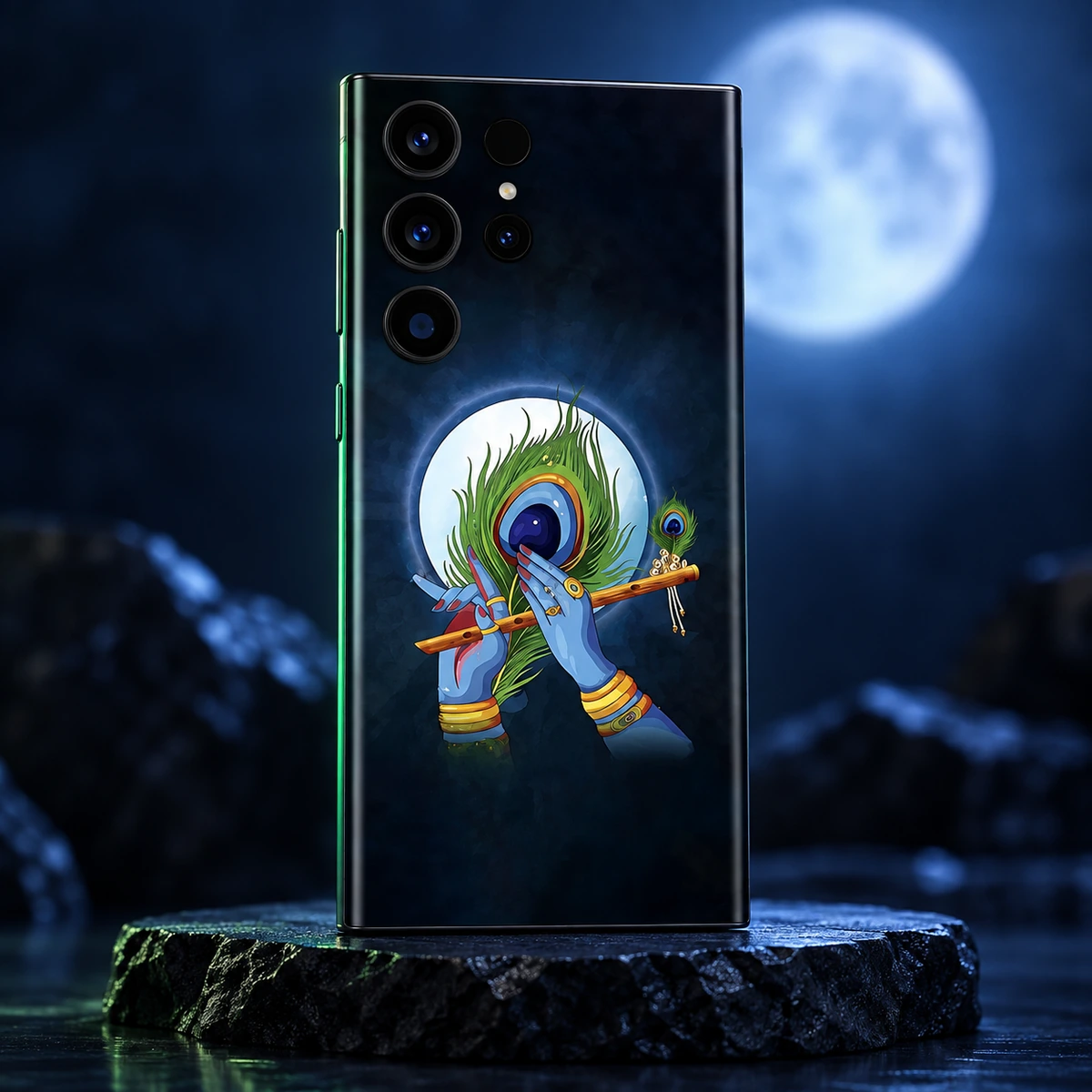 Lord Krishna Peacock Flute Mobile Skin - Moonlight studio Lord Krishna mobile skin with blue hands, flute and peacock feather under a full moon - moonlight studio
