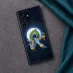 Lord Krishna mobile skin with blue hands, flute and peacock feather under a full moon - teal linen flatlay
