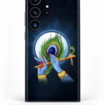 Lord Krishna mobile skin with blue hands, flute and peacock feather under a full moon - flute feather detail