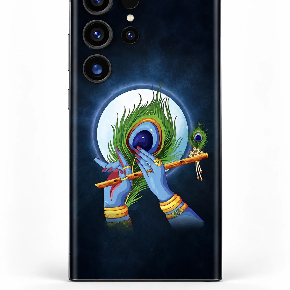 Lord Krishna Peacock Flute Mobile Skin - Flute feather detail Lord Krishna mobile skin with blue hands, flute and peacock feather under a full moon - flute feather detail