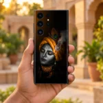 Lord Krishna saffron turban mobile skin held upright in a warm sandstone courtyard