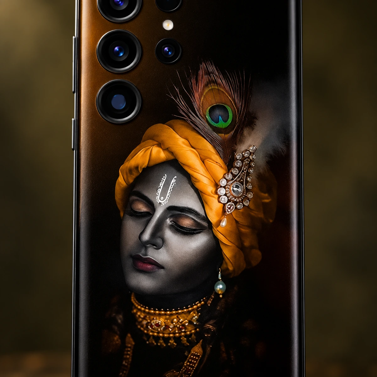 Lord Krishna Saffron Turban Mobile Skin - portrait detail Close view of monochrome Krishna face with saffron turban peacock feather white tilak and gold jewelry on black mobile skin