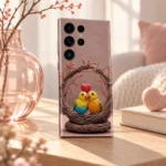 Love Birds Nest and Heart Mobile Skin shown in botanical desk angle