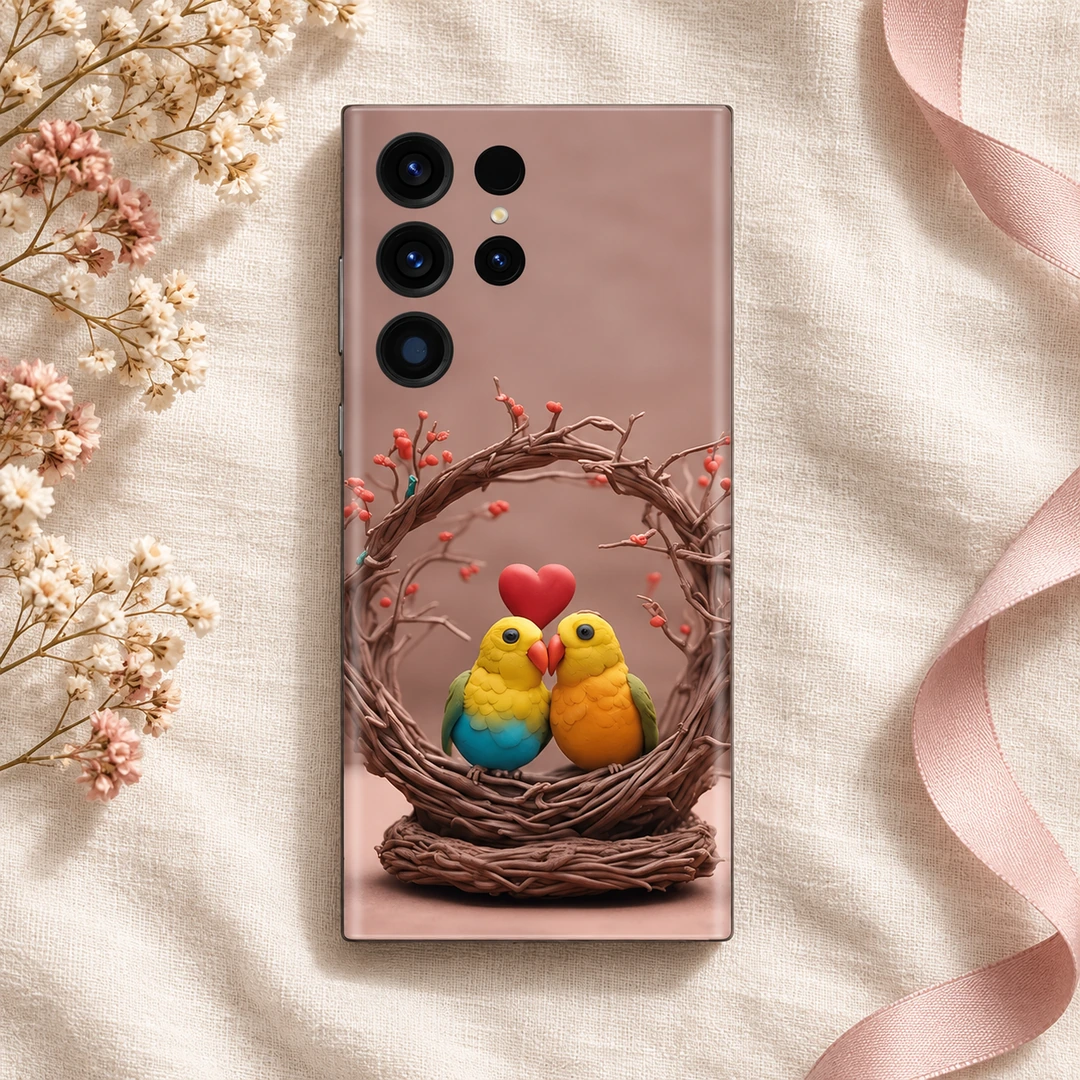 Love Birds Nest and Heart Mobile Skin - Ivory Linen Flat Lay Love Birds Nest and Heart Mobile Skin shown in ivory linen flat lay