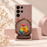 Love Birds Nest and Heart Mobile Skin shown in pink studio view