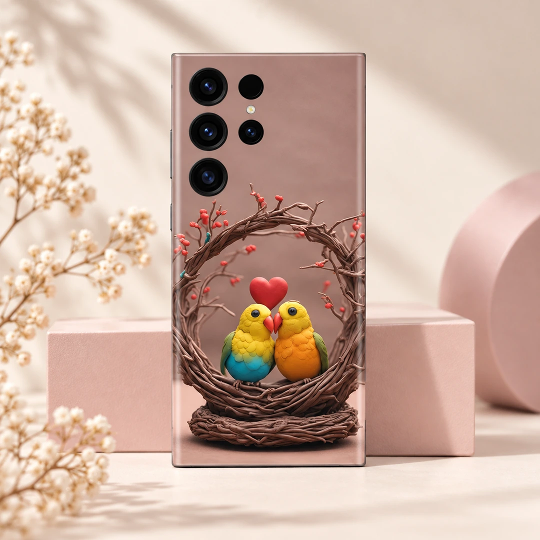 Love Birds Nest and Heart Mobile Skin - Pink Studio View Love Birds Nest and Heart Mobile Skin shown in pink studio view
