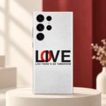 White typography mobile skin with black and red LOVE lettering and Like There's No Tomorrow quote, ivory and red studio hero