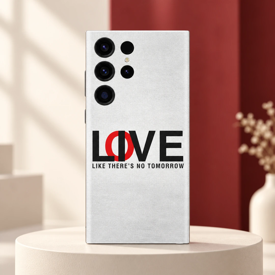 Love Like There's No Tomorrow Mobile Skin - Ivory and Red Studio Hero White typography mobile skin with black and red LOVE lettering and Like There's No Tomorrow quote, ivory and red studio hero