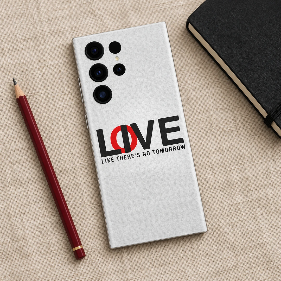 Love Like There's No Tomorrow Mobile Skin - Linen Flat Lay White typography mobile skin with black and red LOVE lettering and Like There's No Tomorrow quote, linen flat lay