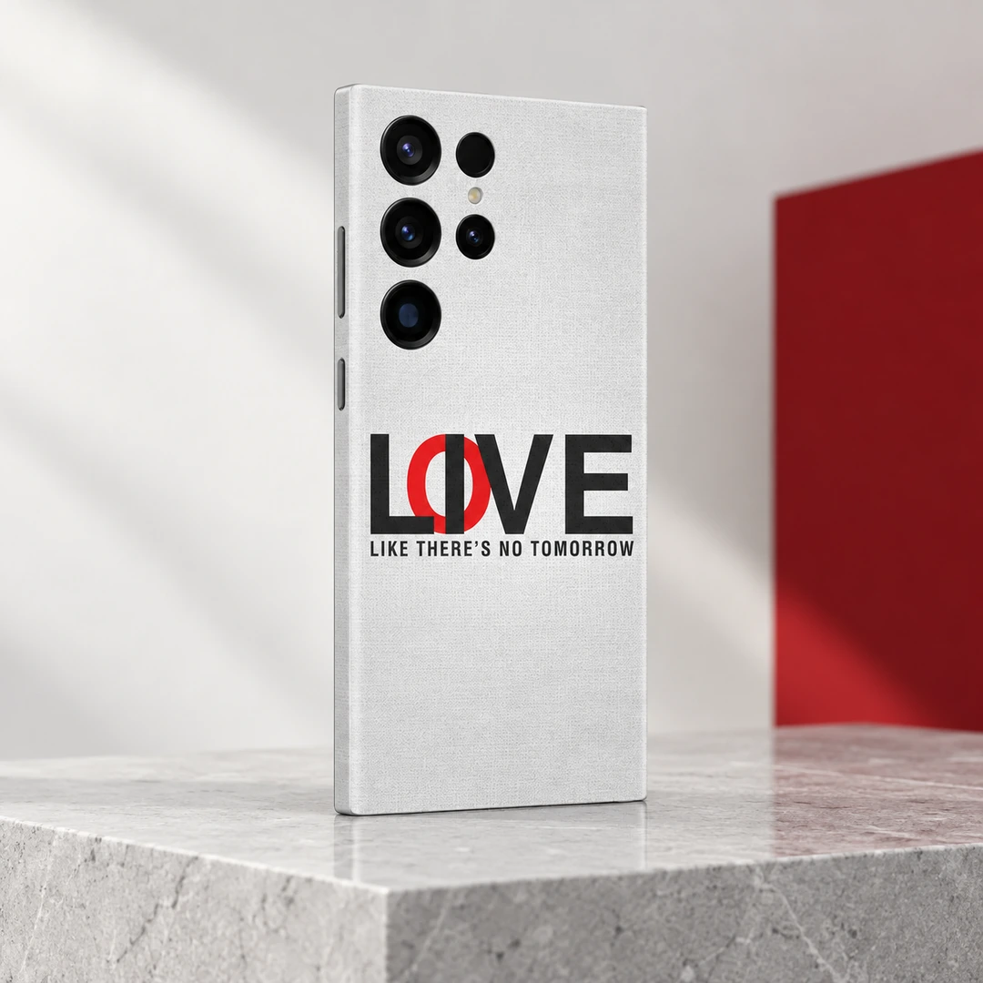Love Like There's No Tomorrow Mobile Skin - Stone Gallery Angle White typography mobile skin with black and red LOVE lettering and Like There's No Tomorrow quote, stone gallery angle