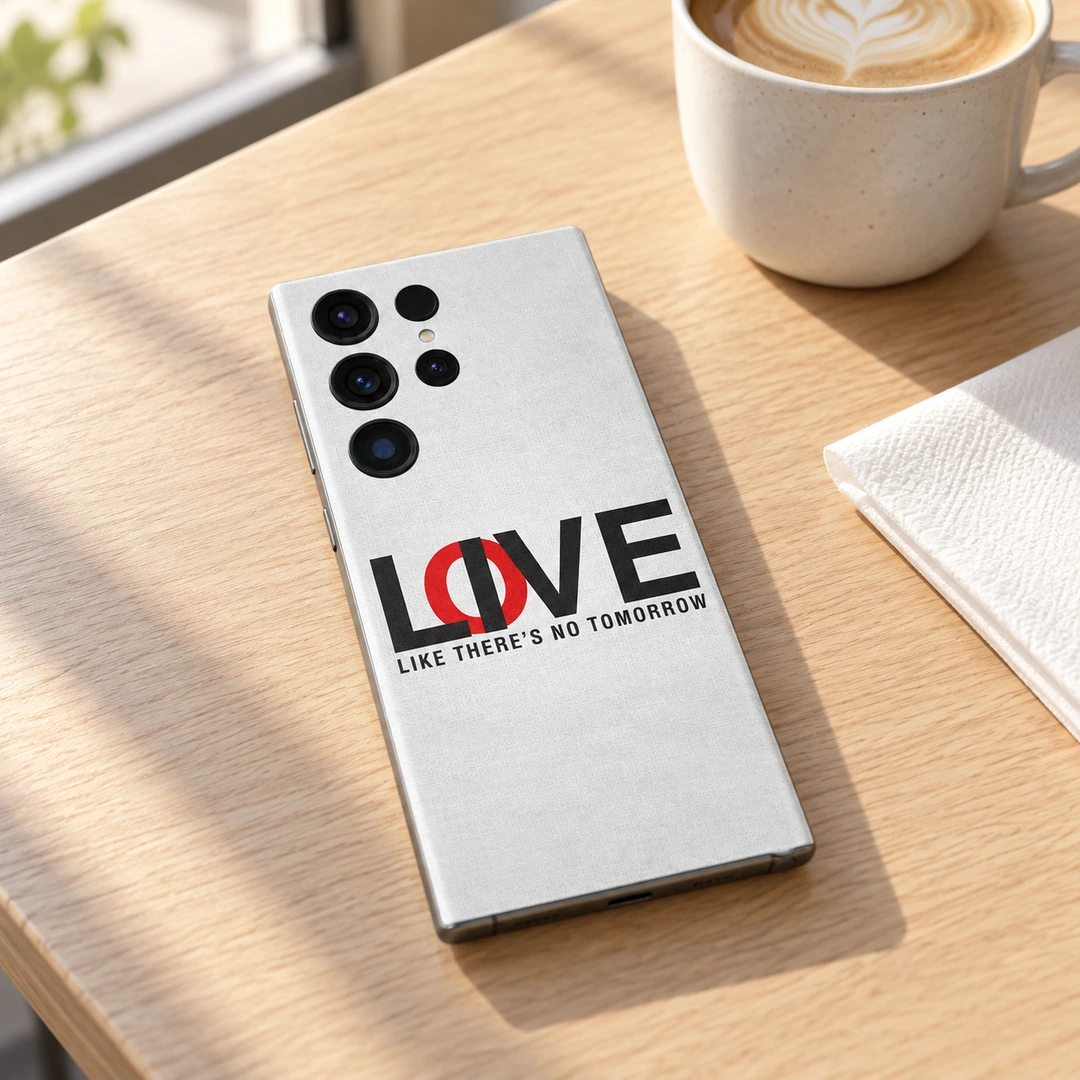 Love Like There's No Tomorrow Mobile Skin - Cafe Table Lifestyle White typography mobile skin with black and red LOVE lettering and Like There's No Tomorrow quote, cafe table lifestyle
