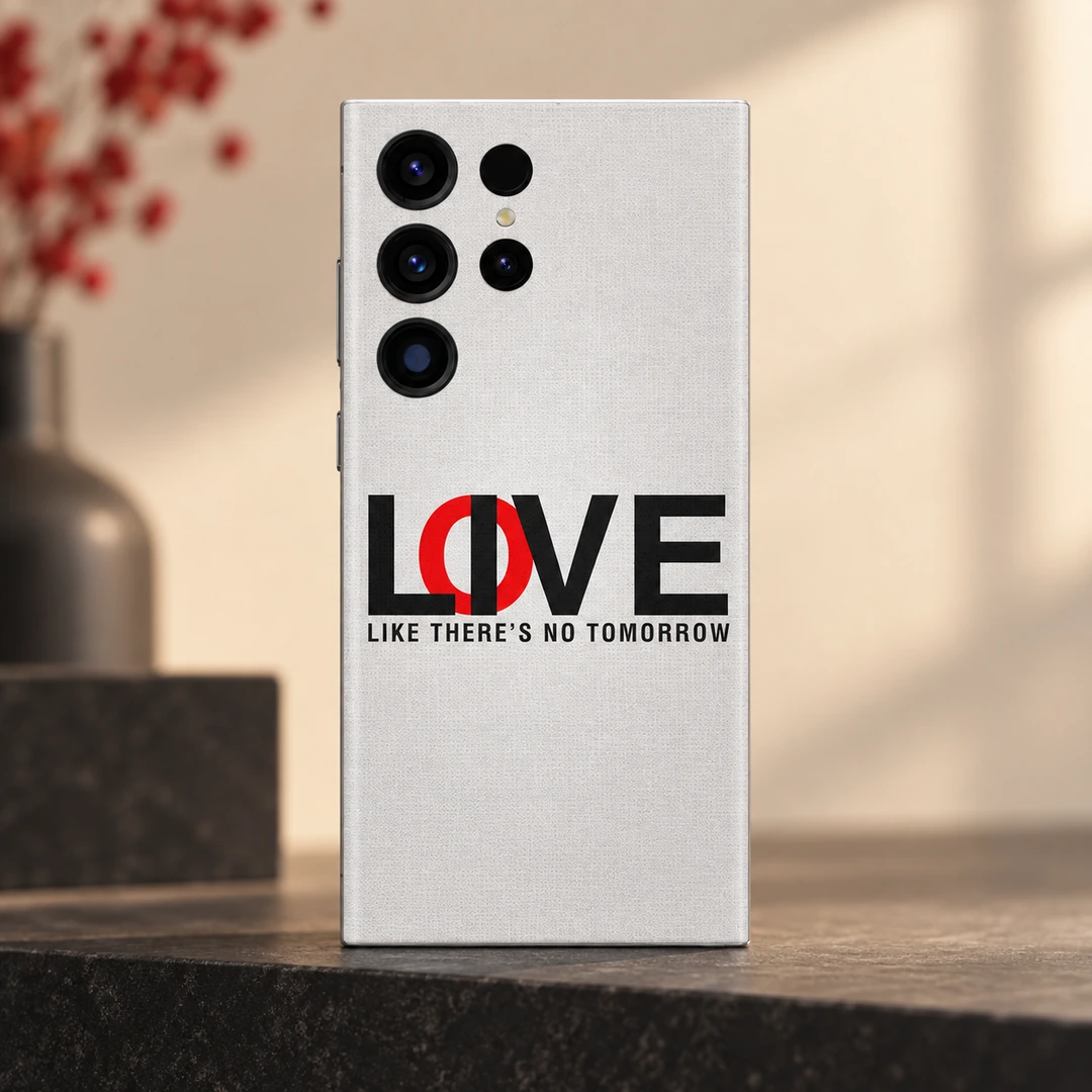 Love Like There's No Tomorrow Mobile Skin - Charcoal Ledge Editorial White typography mobile skin with black and red LOVE lettering and Like There's No Tomorrow quote, charcoal ledge editorial