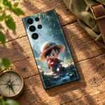 Luffy One Piece forest explorer mobile skin, travel desk flat lay