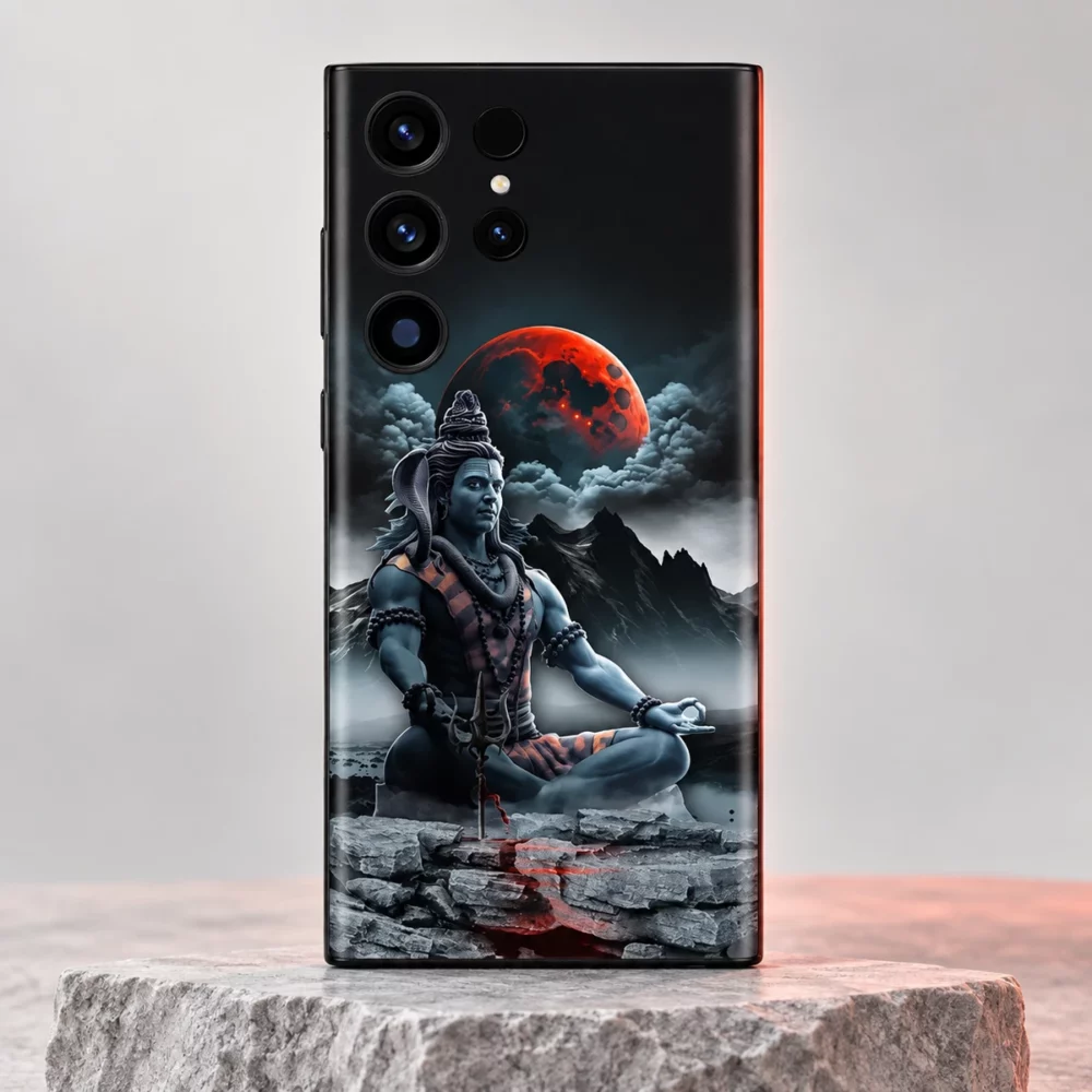 Mahadev mobile skin with Shiva meditating below a red moon - cool stone hero