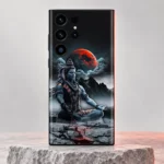 Mahadev mobile skin with Shiva meditating below a red moon - cool stone hero