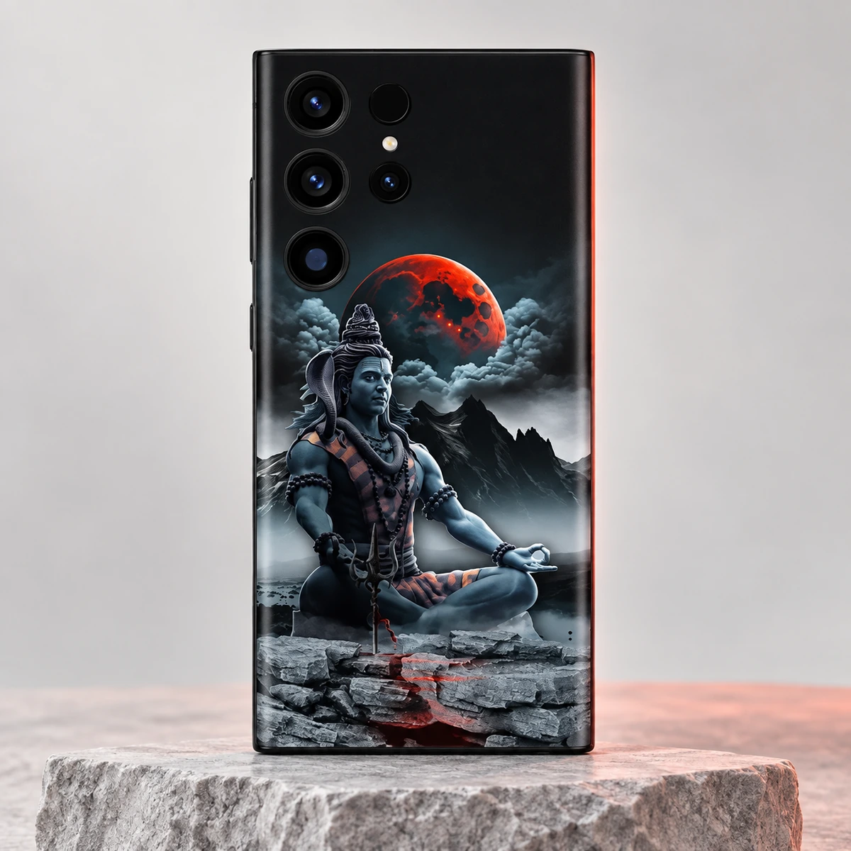 Mahadev Red Moon Mobile Skin - Cool stone hero Mahadev mobile skin with Shiva meditating below a red moon - cool stone hero
