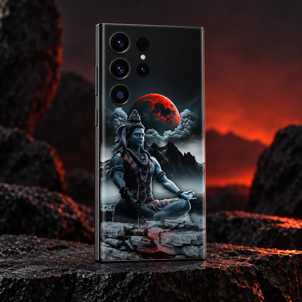 Mahadev Red Moon Mobile Skin - Red moon studio Mahadev mobile skin with Shiva meditating below a red moon - red moon studio