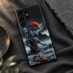 Mahadev mobile skin with Shiva meditating below a red moon - slate flatlay