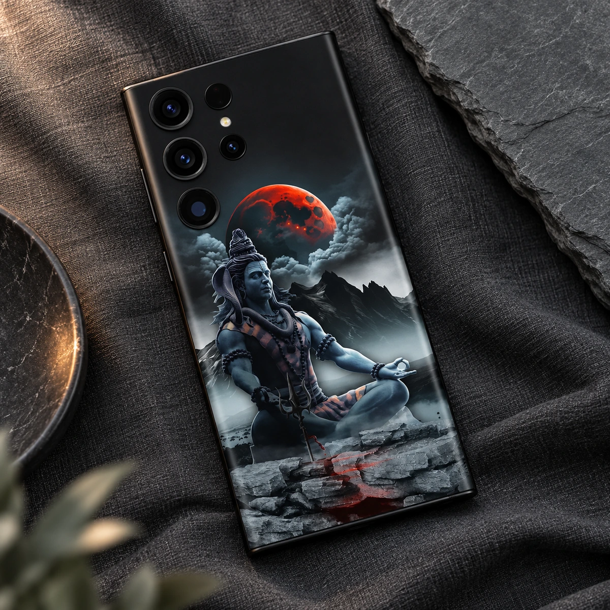 Mahadev Red Moon Mobile Skin - Slate flatlay Mahadev mobile skin with Shiva meditating below a red moon - slate flatlay