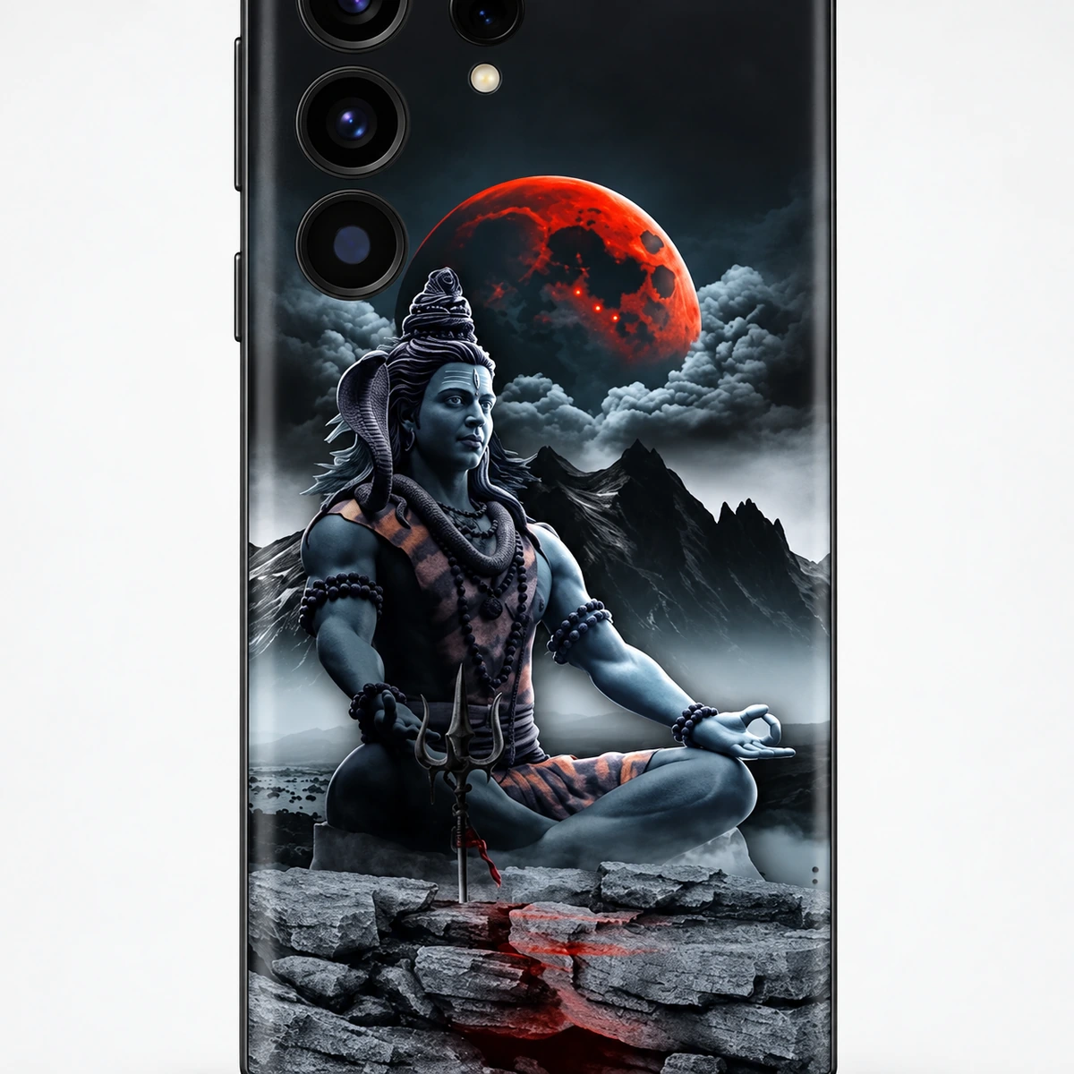 Mahadev Red Moon Mobile Skin - Shiva artwork detail Mahadev mobile skin with Shiva meditating below a red moon - shiva artwork detail