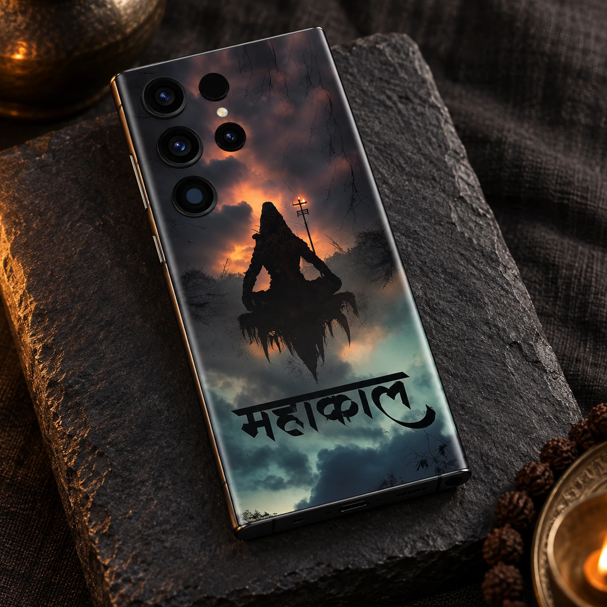 Mahakal Meditation Mobile Skin - slate flat lay Mahakal mobile skin featuring Shiva meditation silhouette orange clouds and teal sky on dark slate