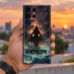 Mahakal mobile skin with Shiva silhouette and Hindi calligraphy held upright at sunset
