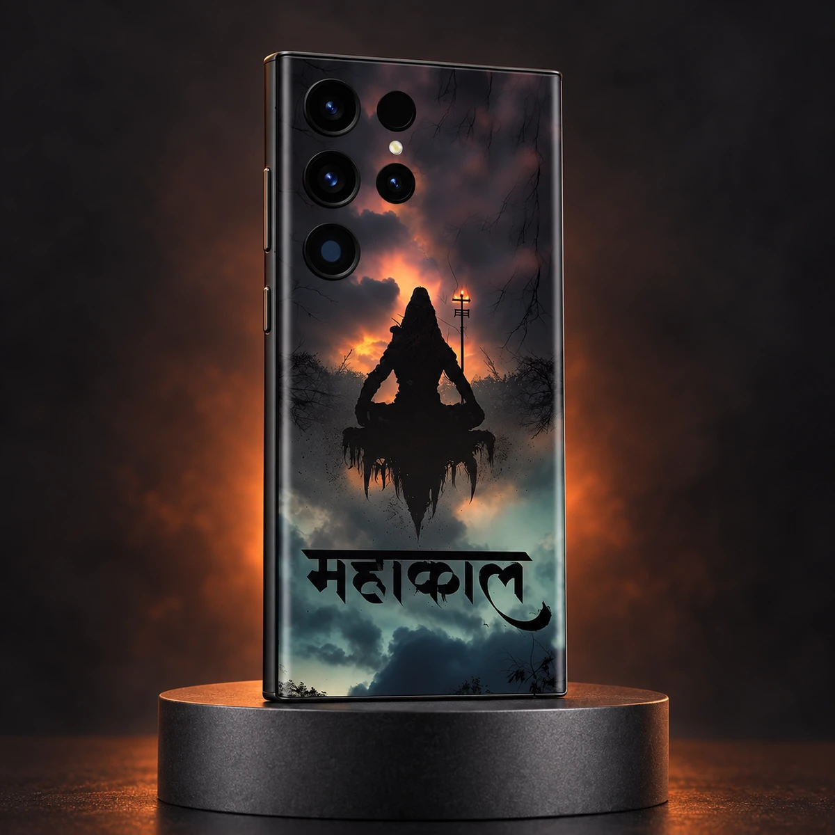 Mahakal Meditation Mobile Skin - ember studio Mahakal meditation mobile skin on graphite pedestal with warm ember studio lighting