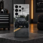 Black off-road SUV mobile skin with palm trees, a cloudy sky and yellow road lines, charcoal garage hero