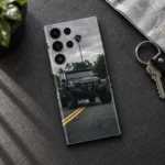 Black off-road SUV mobile skin with palm trees, a cloudy sky and yellow road lines, travel desk flat lay