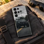 Black off-road SUV mobile skin with palm trees, a cloudy sky and yellow road lines, canvas travel lifestyle