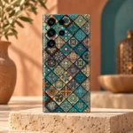 Teal and earthy diamond mosaic mandala mobile skin, travertine pedestal hero