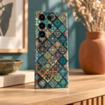 Teal and earthy diamond mosaic mandala mobile skin, teal interior angle