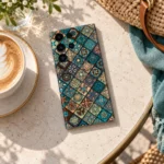 Teal and earthy diamond mosaic mandala mobile skin, stone café flat lay