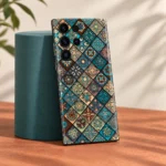 Teal and earthy diamond mosaic mandala mobile skin, teal cylinder studio view