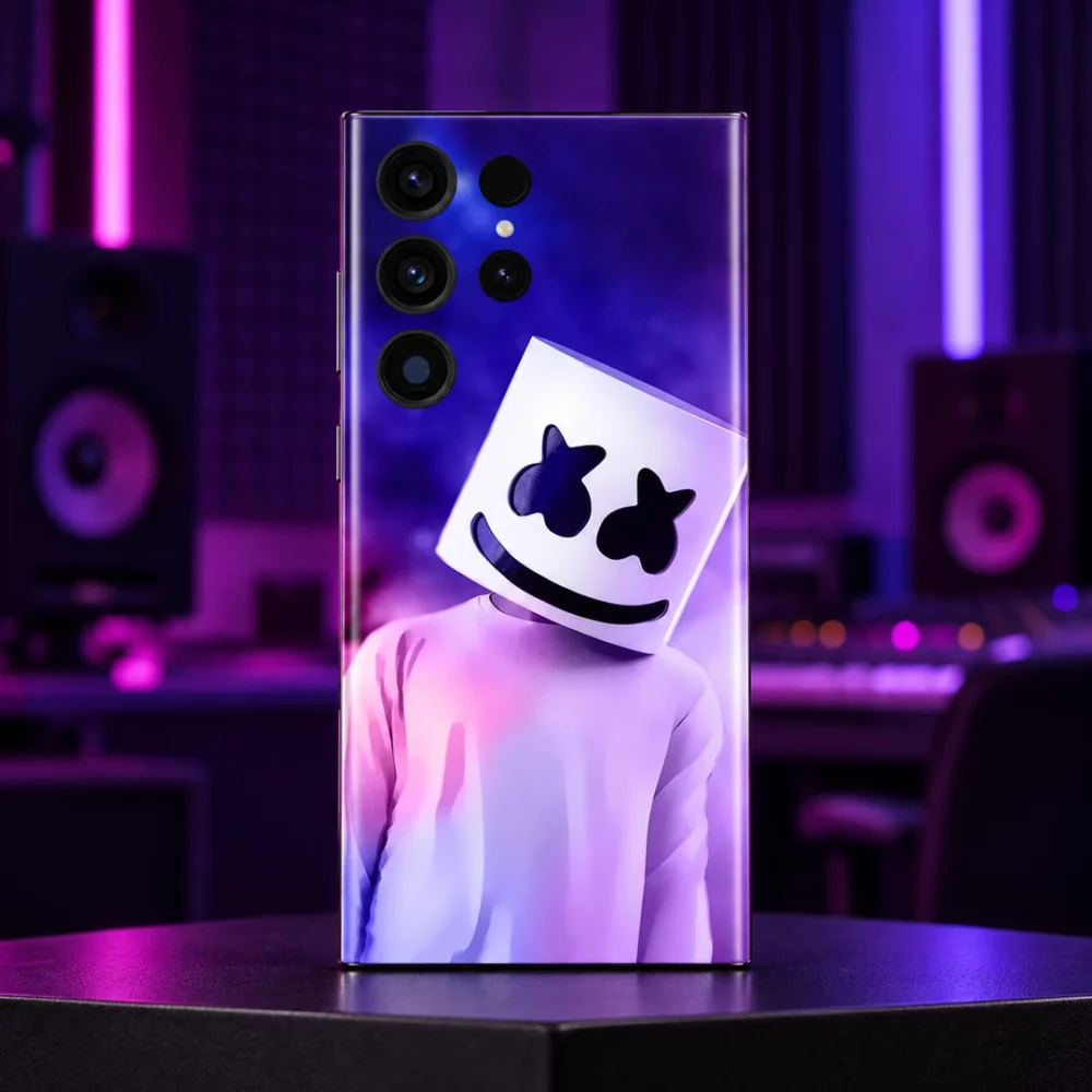 Marshmello mobile skin with purple and pink portrait, recording studio hero