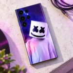 Marshmello mobile skin with purple and pink portrait, concrete detail view