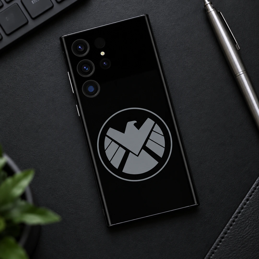 Marvel Shield Black Mobile Skin - Tech Desk Flat Lay Black Marvel Shield mobile skin with grey circular eagle emblem, tech desk flat lay